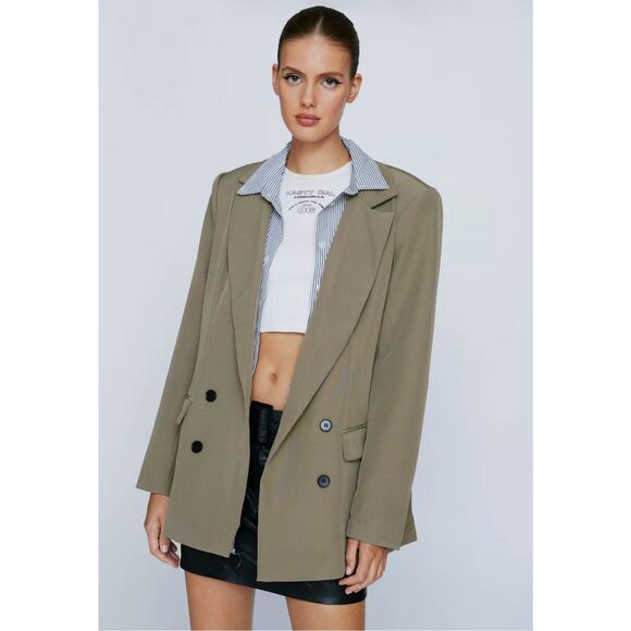 Nasty Gal oversized Olive blazer in size US 4 button front taupe size M - Picture 1 of 7